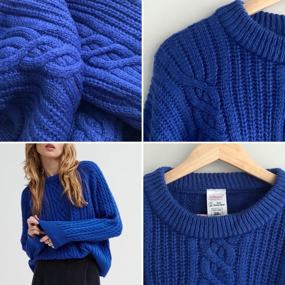 Vintage Sweaters - British 100% Wool Vintage 70s Chunky Cable Knit Sweater Jumper, Size Large/UK 48